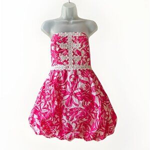 Lilly Pulitzer Regency Strapless Bubble Dress Pink White Floral Women's Size 6
